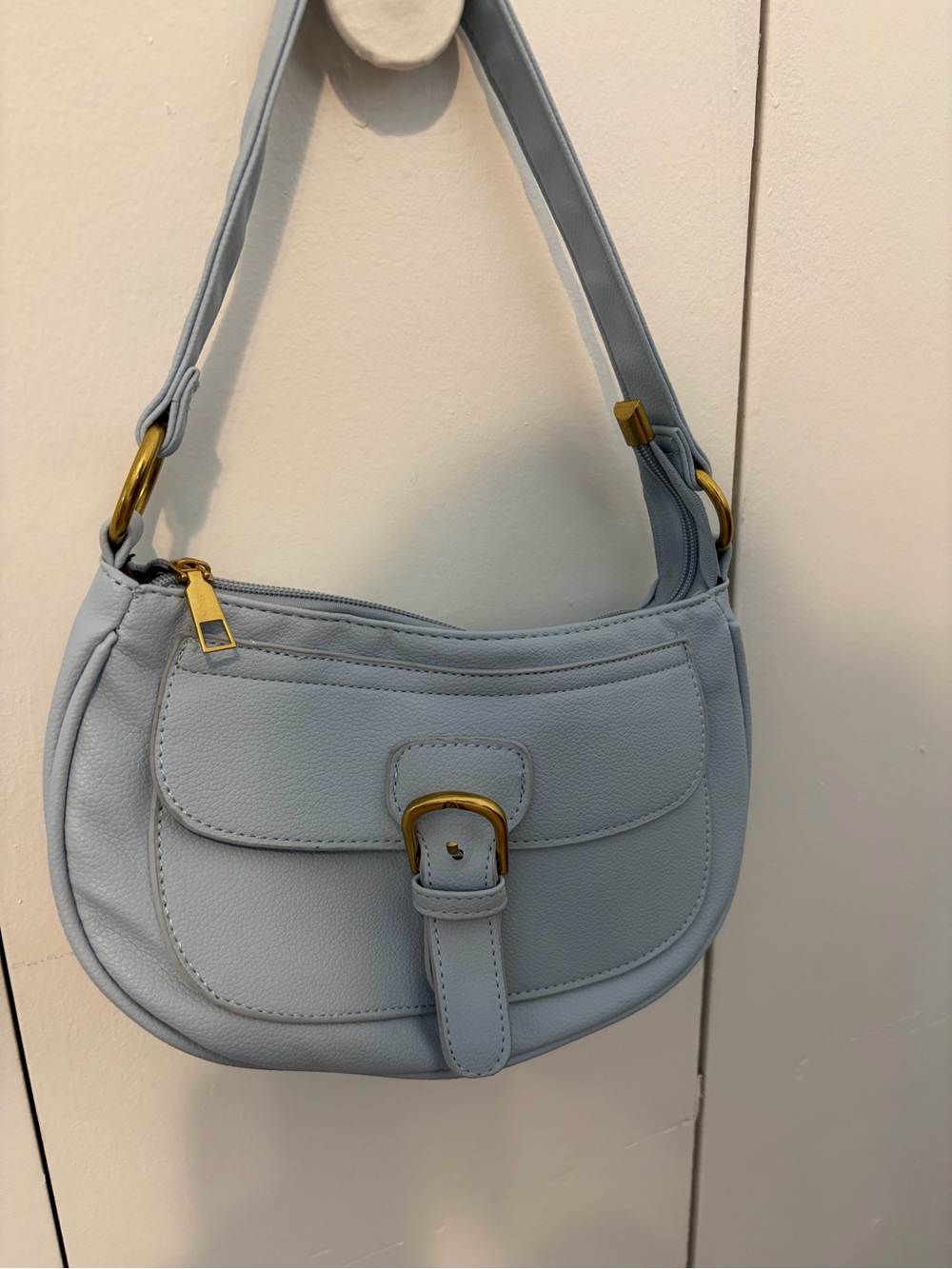 Women’s Light Baby Blue Fashion Shoulder Bag with Gold Hardware & buckle detail